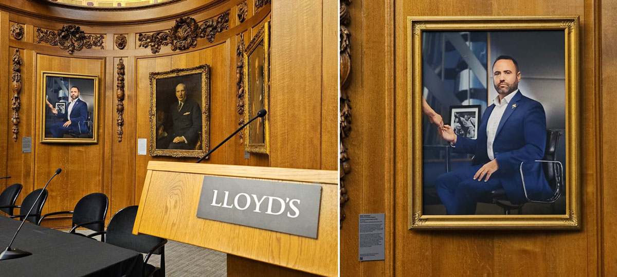 Photograph of Erik Johnson's portrait hung in the Old Library at Lloyd's