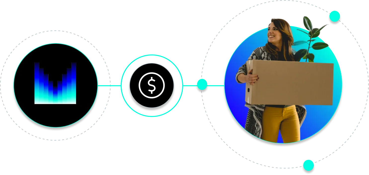 analytics dollar woman moving box flow illustration