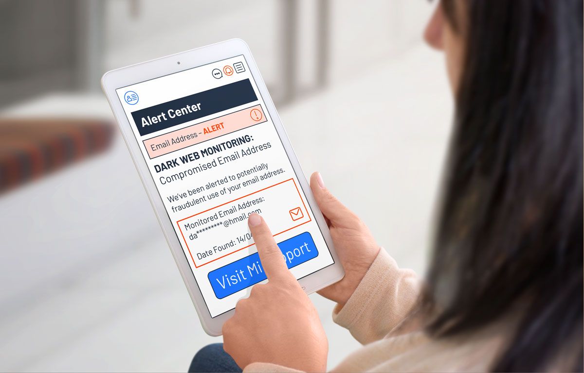 Woman holding tablet with MiIdentity illustration displayed on screen