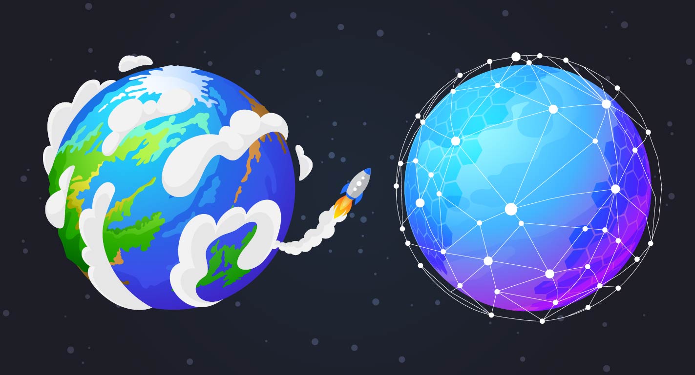Earth-like planet and digital planet with rocket passing between