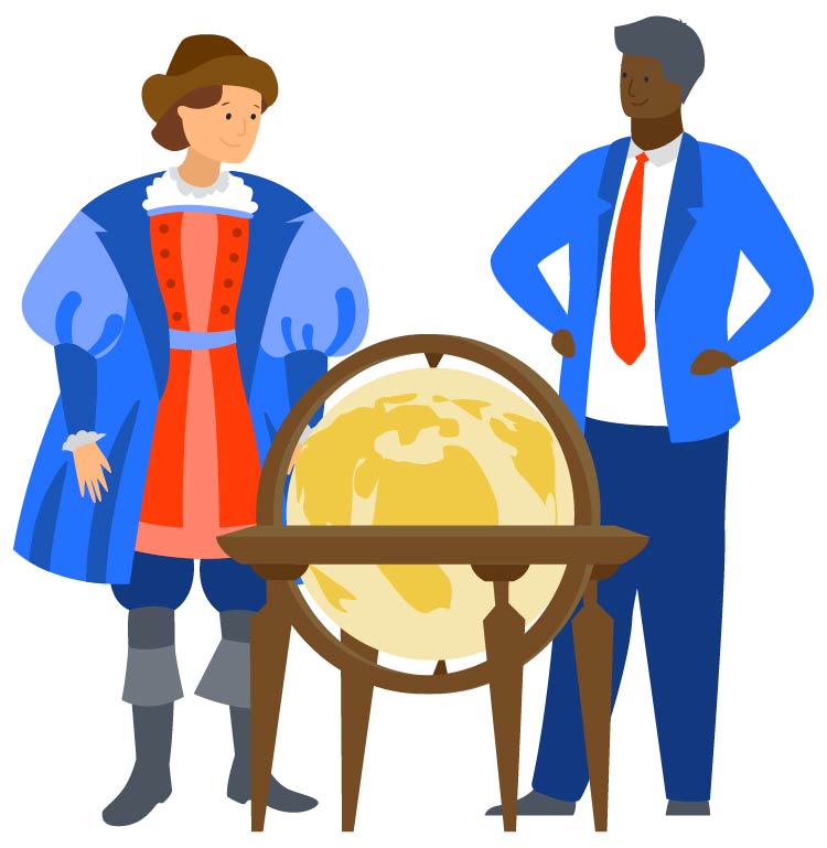 Illustration of Insurance businessmen from different eras standing beside a globe