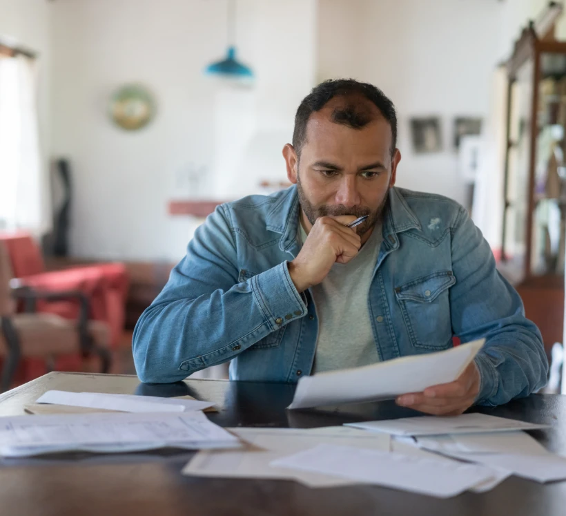 man reviewing paperwork at home denim jacket 